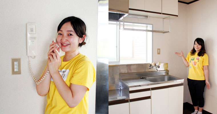 左：ドアフォン付きが嬉しい　右：キッチンには自由にガス台が設置できます
