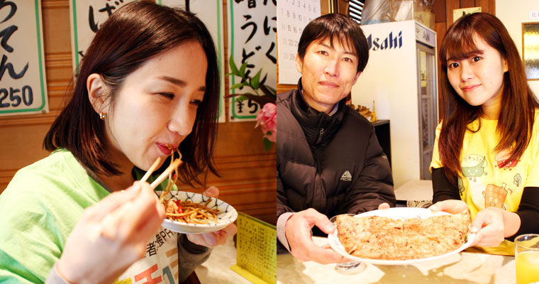 左：焼きそばを頬張るまりりん　右：絶品のチヂミ