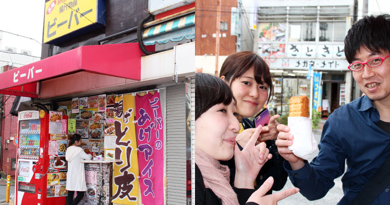 左：揚げ物屋「ビーバー」　右：揚げポテトが美味しそう