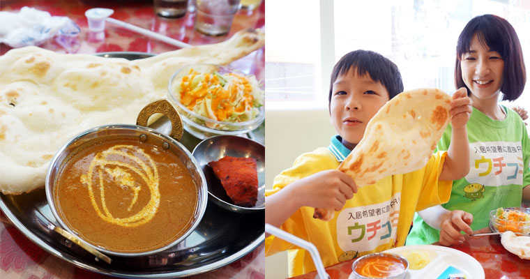 左：インド料理「さくらダイニング」のカレー　右：大きなナンにビックリ