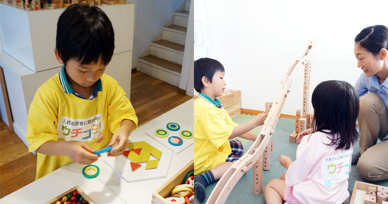 左：積み木で遊ぶみろく　右：木製すべり台で遊ぶ2人