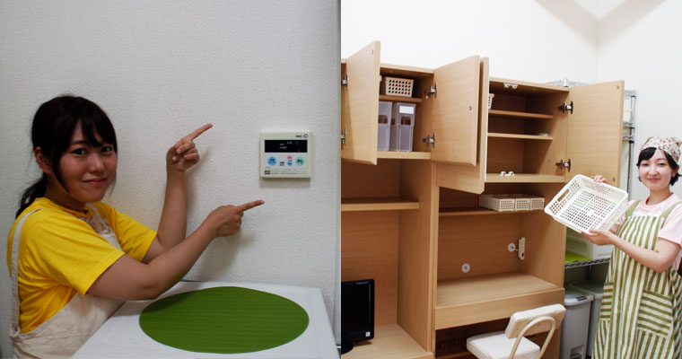 左：キッチンには冷蔵庫と給湯設備　右：収納たっぷりの家具付き