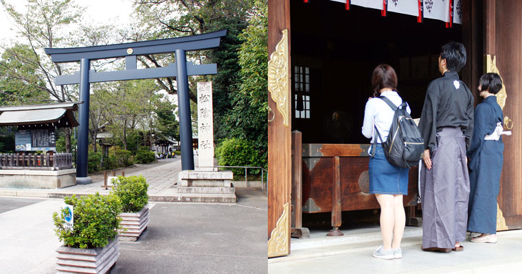 左：松陰神社に到着、厳かな雰囲気　右：井伊直弼と吉田松陰の仲直りを祈って…