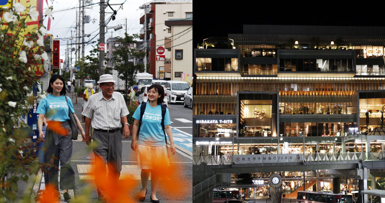 左：散歩風景　右：夜になるとT-SITEがライトアップ