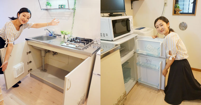 左：食器がたっぷり入る贅沢なキッチン　右：引越し費用を節約できる家電4点セットプレゼント