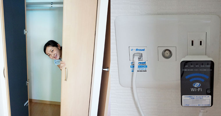 左：クローゼットもたくさん収納できます　右：高速のWi-Fiも無料で使えます！