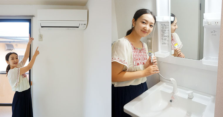 左：エアコンは霧ヶ峰　右：シャワーヘッド付き洗面台