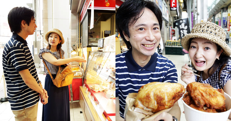 左：ずらりと並ぶ唐揚げや焼き鳥、どれにしようか悩む　右：チキンバスケットとジャンボ手羽先