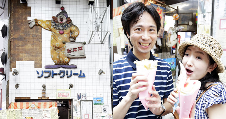 左：レトロな外観のクレープ屋さん「ピエロ」　右：仕事終わりに甘いクレープはいかが？