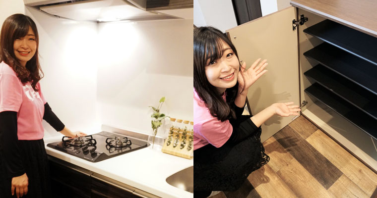 左：キッチン（キッチンには人工大理石を使用。掃除もしやすい）　右：シューズボックス（大容量のシューズボックスがあるから友達を呼んでも安心）