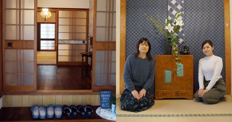 左：入った瞬間からホッと落ち着く玄関　右：穐ハウスのお部屋にて