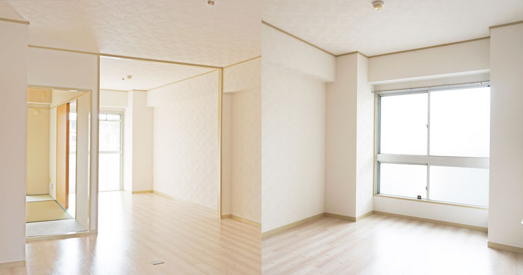 左：広くて明るいリビングダイニング　右：北側のお部屋にも大きな窓があります